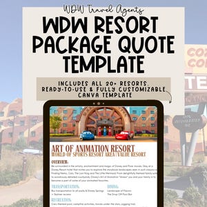 Plantilla de cotización de paquete vacacional para agente de viajes, plantillas para agente de viajes de WDW, plantilla de tarjetas de cotización para resort de WDW, Canva, plantilla para agente de viajes
