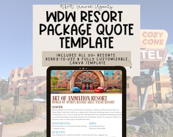 May include: A digital template for a Disney World Resort package quote. The template features a photo of the Art of Animation Resort, with the text "Art of Animation Resort" and "World of Sports Resort Area | Value Resort" above the photo. The template includes sections for overview, transportation, dining, and recreation.