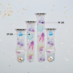 May include: Three white silicone Apple Watch bands with a colorful Disney castle and character print. The bands are labeled "SM Size", "ML Size", and "LG Size".