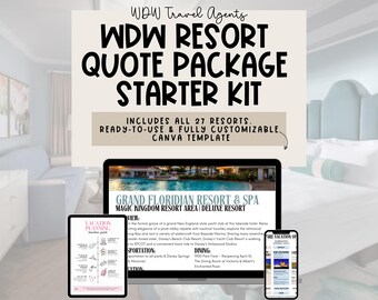 May include: A digital marketing kit for Disney World travel agents. The kit includes a Canva template with a quote package starter kit for all 27 Disney World resorts. The image shows a laptop screen with a photo of the Grand Floridian Resort & Spa, a phone with a vacation planning checklist, and a tablet with a resort overview.