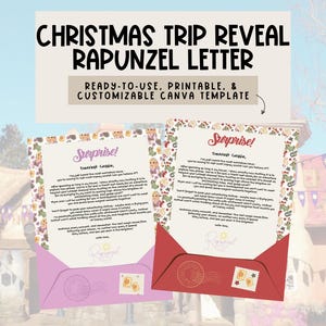 Christmas DisneyWorld Rapunzel Letter | Surprise Vacation, kids vacation, family trip announcement, vacation reveal, Disneyland, Canva