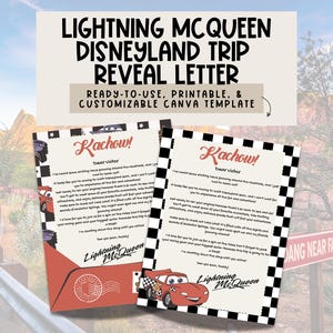 Carta de Rayo Mcqueen de Disneyland / Vacaciones sorpresa, vacaciones para niños, anuncio de viaje familiar, revelación de vacaciones, MickeyMouse, Canva, Cars