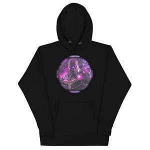 May include: Black hooded sweatshirt featuring a Thanos graphic. The graphic is a circular design with a purple and pink color scheme, depicting Thanos with his gauntlet. The sweatshirt has a front pocket and a drawstring hood.