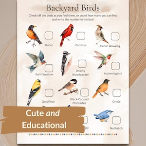 May include: An educational chart titled "Backyard Birds" with illustrations of birds such as the Robin, Cardinal, and Hummingbird. Includes check boxes for counting and a banner that says "Cute and Educational". Measurements are in cm.