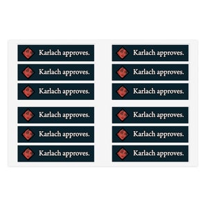 May include: Eight digital buttons with a dark blue background and a red-faced woman's head in a diamond shape. The text on each button reads "Karlach approves."