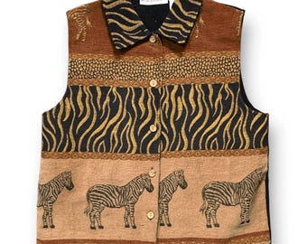 Vintage Dressbarn Zebra Print Safari Animal Tapestry Vest Small Earthy Boho Eclectic Art To Wear Made in Korea