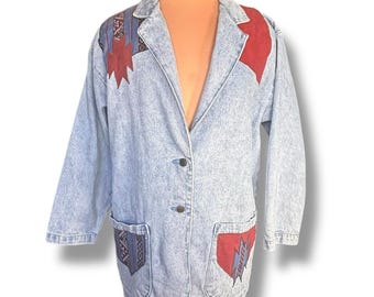 90s Denim Blazer: Southwestern Aztec Patchwork Jean Jacket, Medium