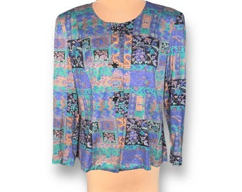 Vintage Floral Patchwork Blouse, Jewel Tone Rayon Top, Size 18