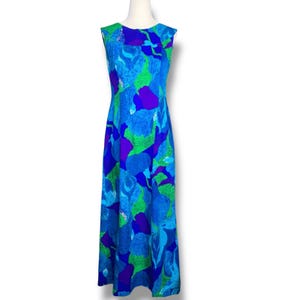 Vintage 60s Hale Muu Hawaiian Maxi Dress Small Blue Green Abstract Print Sleeveless Tropical Resort Tiki Party Mod Aloha Dress