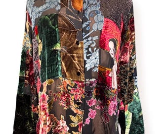 Camicia-giacca vintage in velluto patchwork con effetto bruciato, taglia XL, stile Art To Wear, misto seta, geisha, floreale, asiatico, top di tendenza, boho, Y2K Luxe