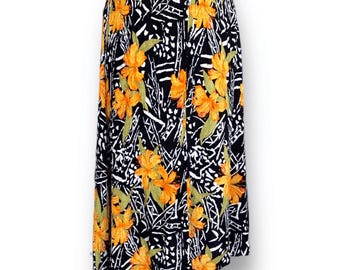 90s Tropical Hibiscus Rayon Skirt, Mervyn's Midi Skirt - Size Medium