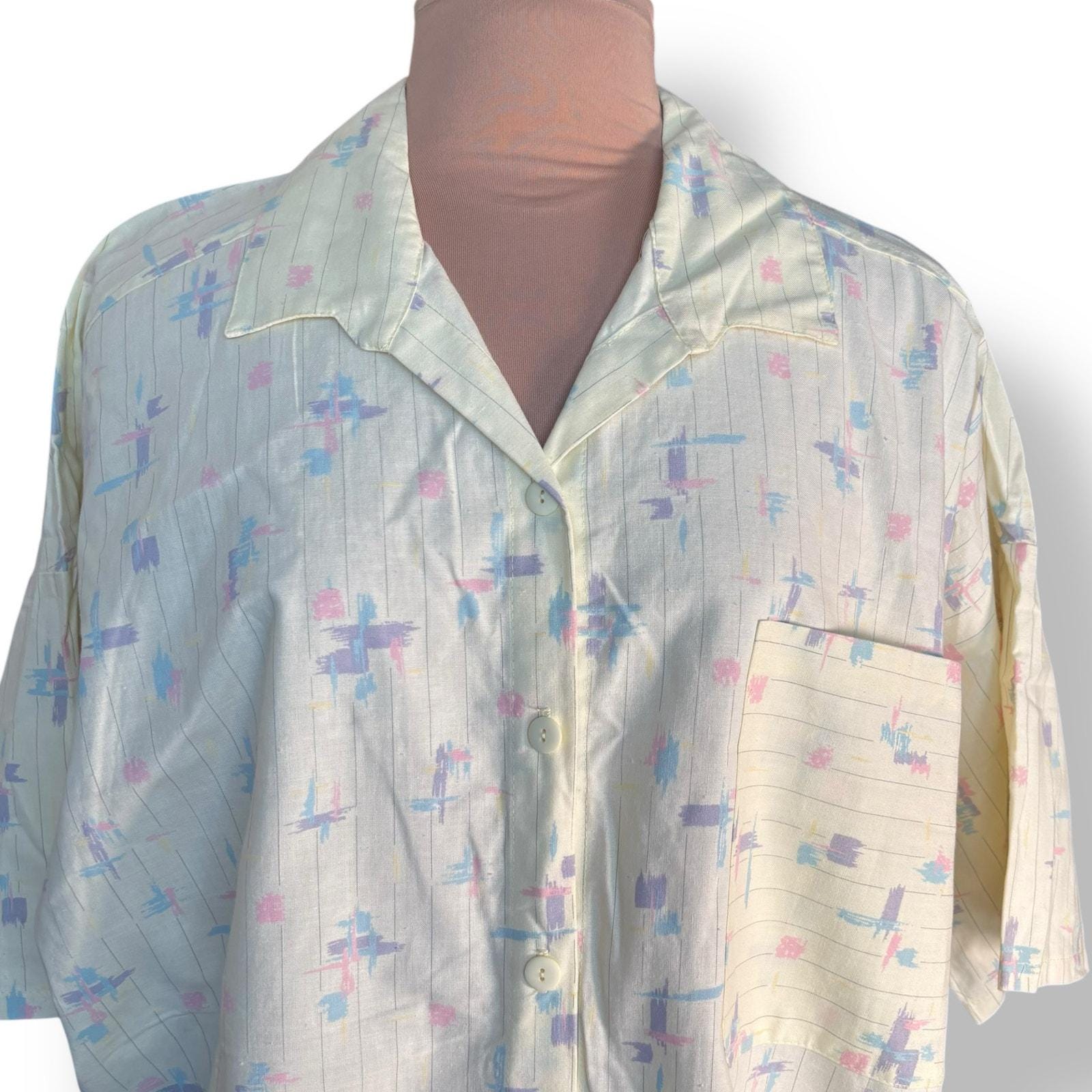 1980s SWAT Shirt Plus Size 42 Made in USA 80s Abstract Pastel Butter Yellow Print Button Down Deadstock Short Sleeve Cotton Shirt NWT