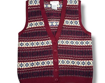 90s Petite Fair Isle Wool Sweater Vest: Red, Blue, Star Knit