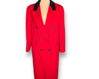 80s Alorna Red Wool Coat Black Velvet Collar Long Double Breasted Overcoat Union Made USA Size XL Statement Winter Outerwear Warm