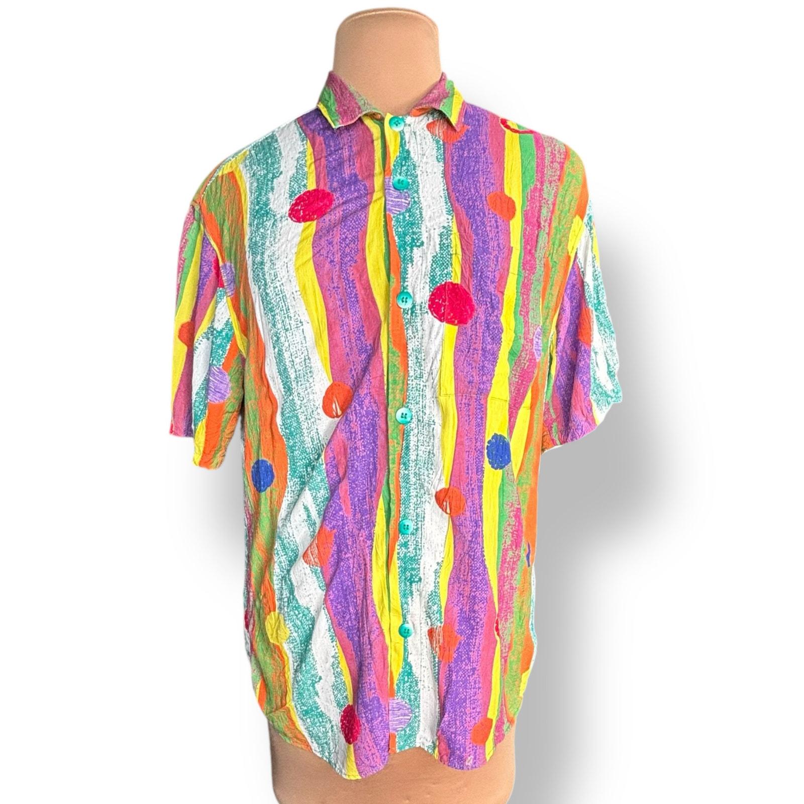 90s Jams World Rayon Shirt: Rainbow Stripe Polka Dot, Crinkle