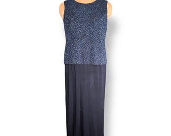 90s Navy Glitter Maxi Dress - Sleeveless Formal Evening Gown
