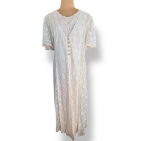 Vintage Sheer Lace Maxi Dress: Pastel Pink Pearl Buttons, Corset Tie - Etsy Vintage Sheer Lace Maxi Dress: Pastel Pink Pearl Buttons, Corset Tie - Etsy