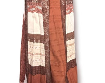 70er 80er Jahre Patchwork Prärie Maxi Rock XL 1X Braun Florale Spitze Cottagecore Boho Western Romantisch Festival Carefree Fashions