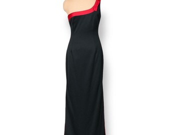 Deadstock Rampage One Shoulder Formal Gown Black Red Satin Trim Rhinestone Bow 90s Prom Dress Made in USA NWT New With Tags Column Maxi