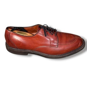 May include: A single brown leather dress shoe with black laces. The shoe has a dark brown sole and a wooden shoe tree inside. The leather has a polished finish and a classic design.