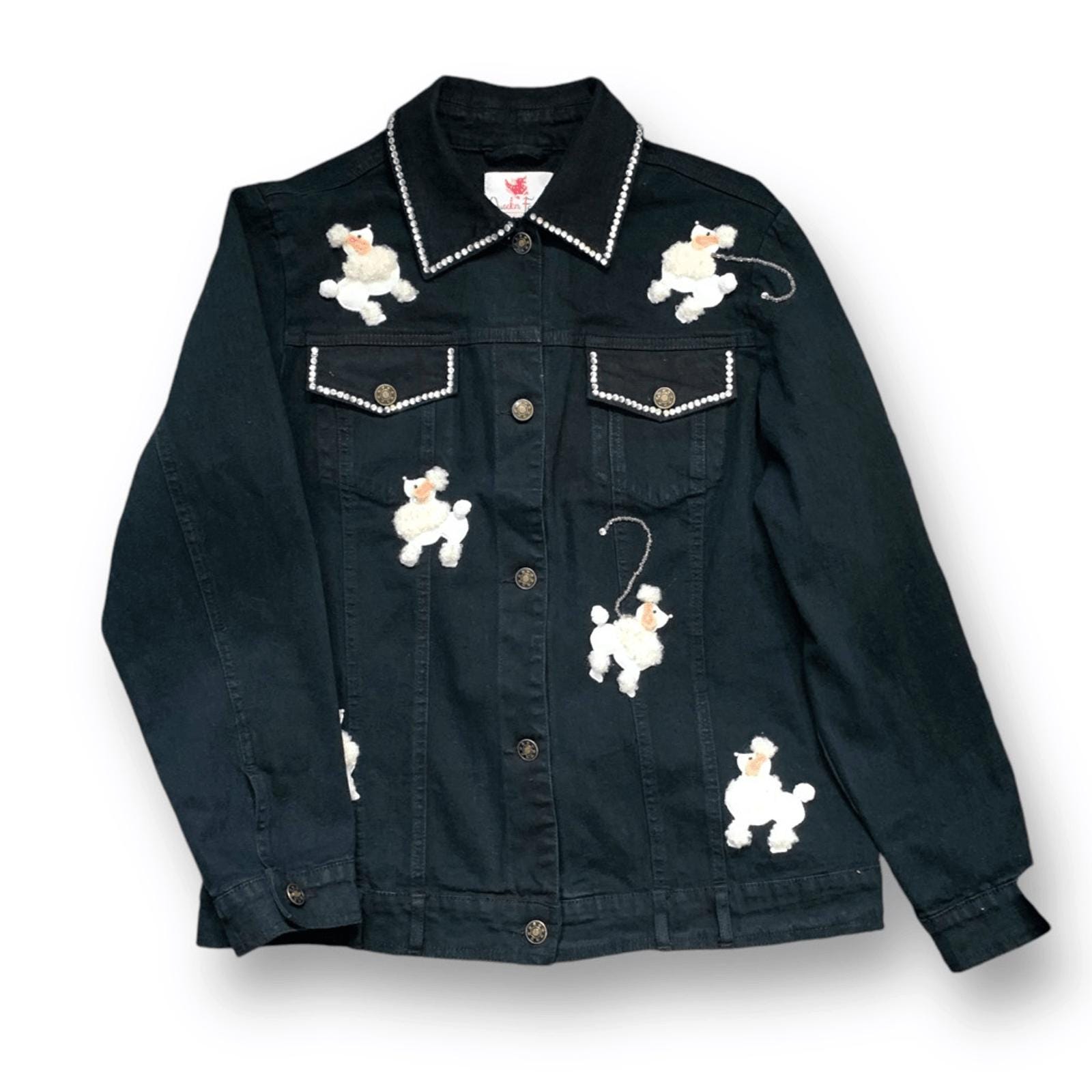 Y2K Quacker Factory Denim Jacket: Poodle Embroidery, Pearl Trim