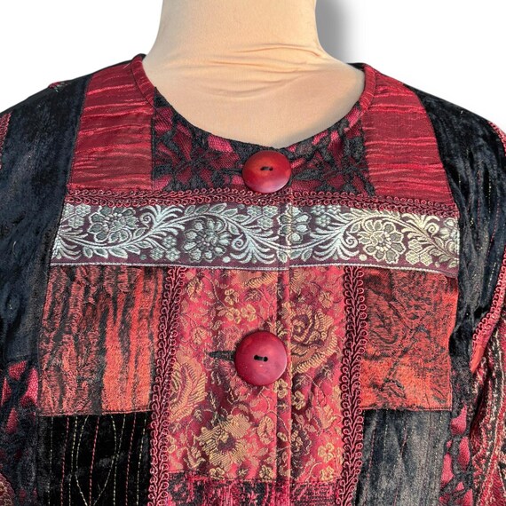 90s Patchwork Velvet Brocade Jacket, Red Black Bo… - image 2