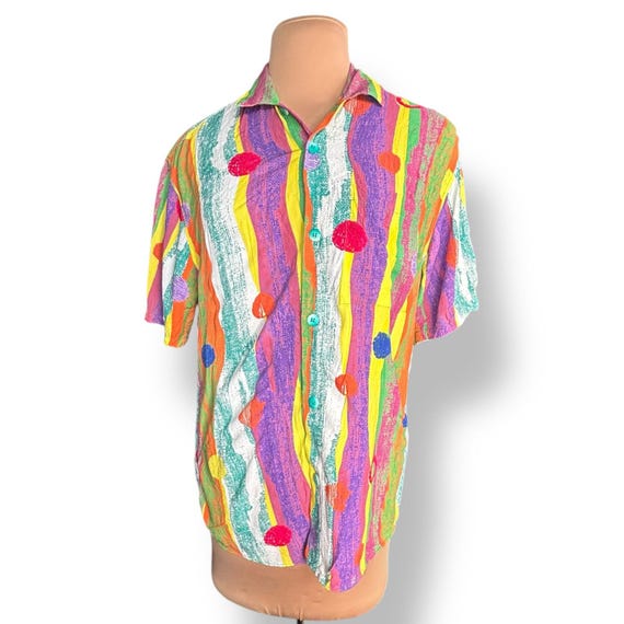 90s Jams World Rayon Shirt: Rainbow Stripe Polka Dot, Crinkle