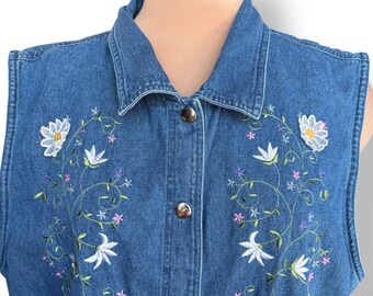 90年代ヴィンテージ刺繍デニムシャツ：コテージコアフローラルジーンズ 