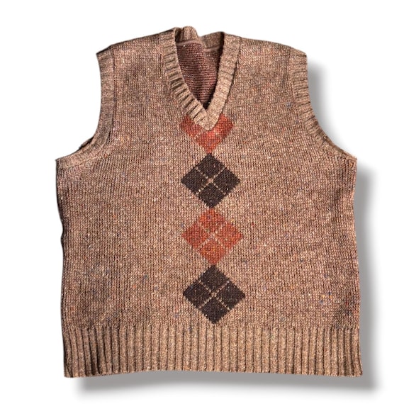 Vintage Argyle Sweater Vest Brown Wool Blend V-Neck Knit Sleeveless Pullover