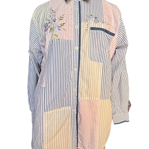 90s Napa Valley Patchwork Stripe Shirt Floral Embroidered Button Up Pastel Blue Pink Green Cottagecore Boho Women Large