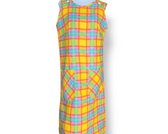 Vintage jaren 70 geruite overgooier: gele, roze, groene madras, maat 10