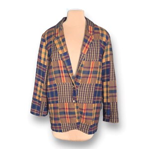 90s Oversized Plaid Patchwork Blazer: Yellow, Blue, Red, Retro Statement Jacket