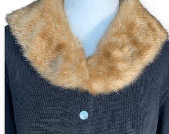 Vintage 90s Knit Cardigan: Black Cotton, Faux Fur Collar - Etsy