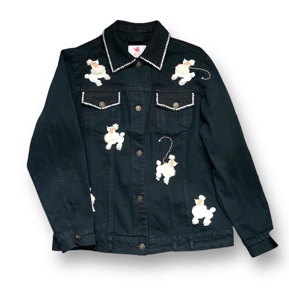 Y2K Quacker Factory Denim Jacket: Poodle Embroidery, Pearl Trim