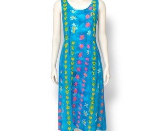 Vintage 90s Jams World Blue Floral Sleeveless Scoopneck Midi Dress Small Bright Tropical Print Sundress Summer Resortwear Hawaii Style