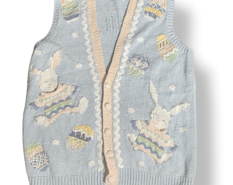 90s Hand Knit Bunny Sweater Vest, Pastel Blue Easter Knit (Size Small)