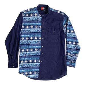 Open Range Western Patchwork Shirt Blue Aztec Southwestern Button Up Mens 90s Ranchwear Geometric Print Long Sleeve
