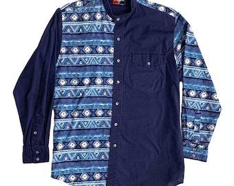 Camisa vaquera Open Range con estampado geométrico de retazos, azul, estilo azteca del suroeste, con botones, para hombre, estilo años 90, ropa de rancho.