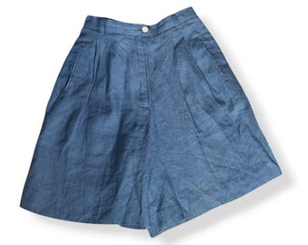 Pantalones cortos de lino azul de talle alto, plisados, minimalistas, estilo costero europeo, veraniegos, sastres, preppy de los 90, ligeros, para resort.