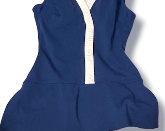 Sears Blue Swimsuit 1960s Mod One Piece Bathing Suit Pin Up Swimwear White Trim Retro Beach XS