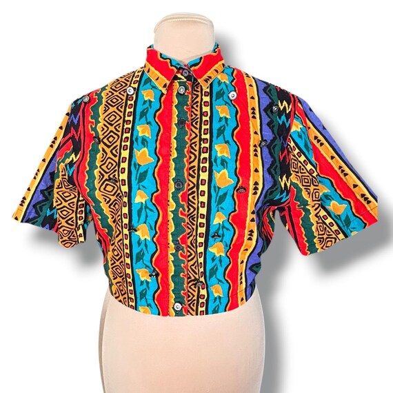 Vintage Western Wear Cropped Southwestern Shirt Colorful Made USA Eclectic Boho