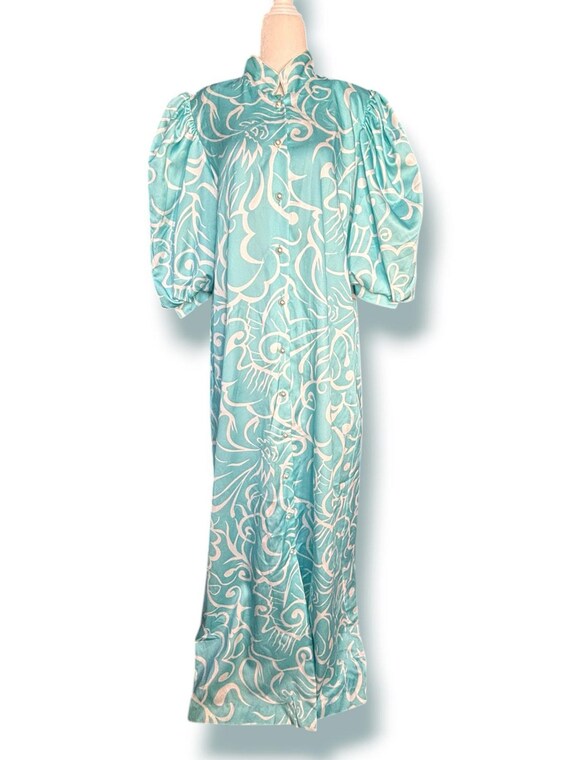 David Brown California Teal Satin Maxi Dress: Abstract Print, Puff Sleeve, Mandarin Collar