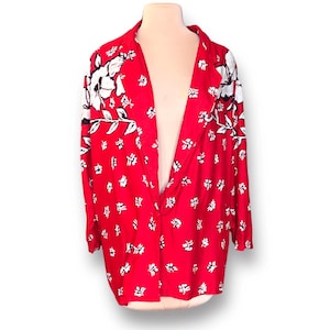 Vintage Plus Preferred Red Floral Rayon Blazer 22W Made in USA Hibiscus Print Lightweight Jacket Bold Tropical Resortwear