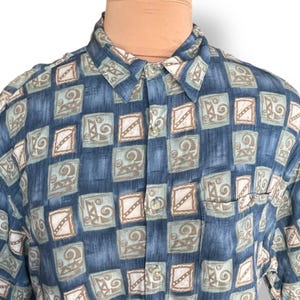 Vintage 90s Pierre Cardin Rayon Shirt Size Large Tribal Abstract Print Blue Earth Tones Button Front Made In Korea Short Sleeve Unisex