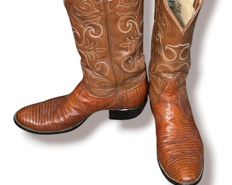 Tony Lama Lizard Cowboy Boots Brown Western Boots Mens 10.5 D USA Made Exotic Leather Rodeo Ranchwear Boots