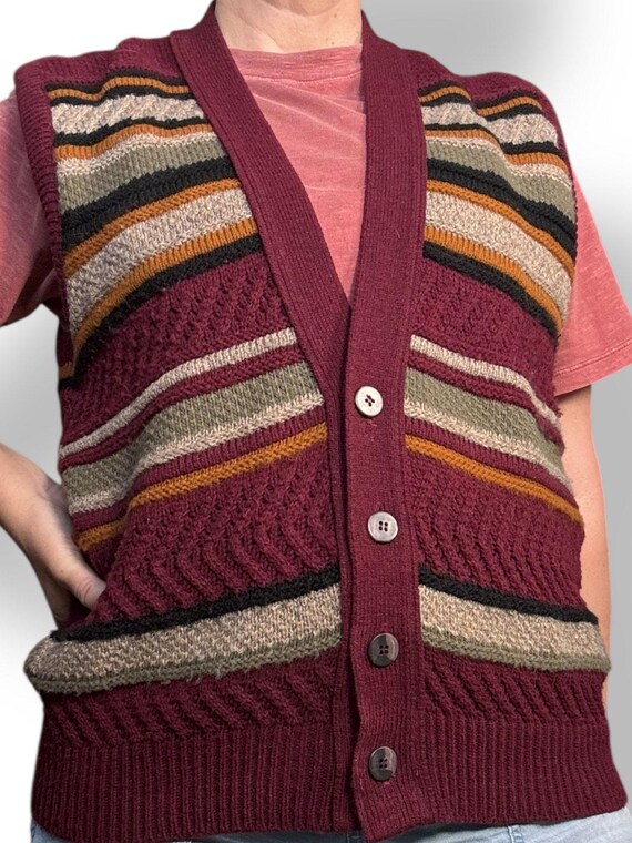 90s London Fog Striped Knit Sweater Vest - Burgun… - image 8