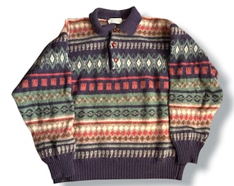 Vintage 80s Benetton Shetland Wool Fair Isle Geometric Collared Knit Sweater