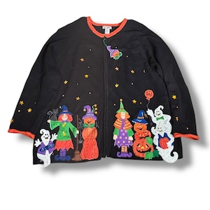 Y2K Halloween Cardigan 3X Tiara International Witches Pumpkins Ghosts Appliqué Zip Sweater Plus Size Vintage Spooky Cute Fall Knit Teacher