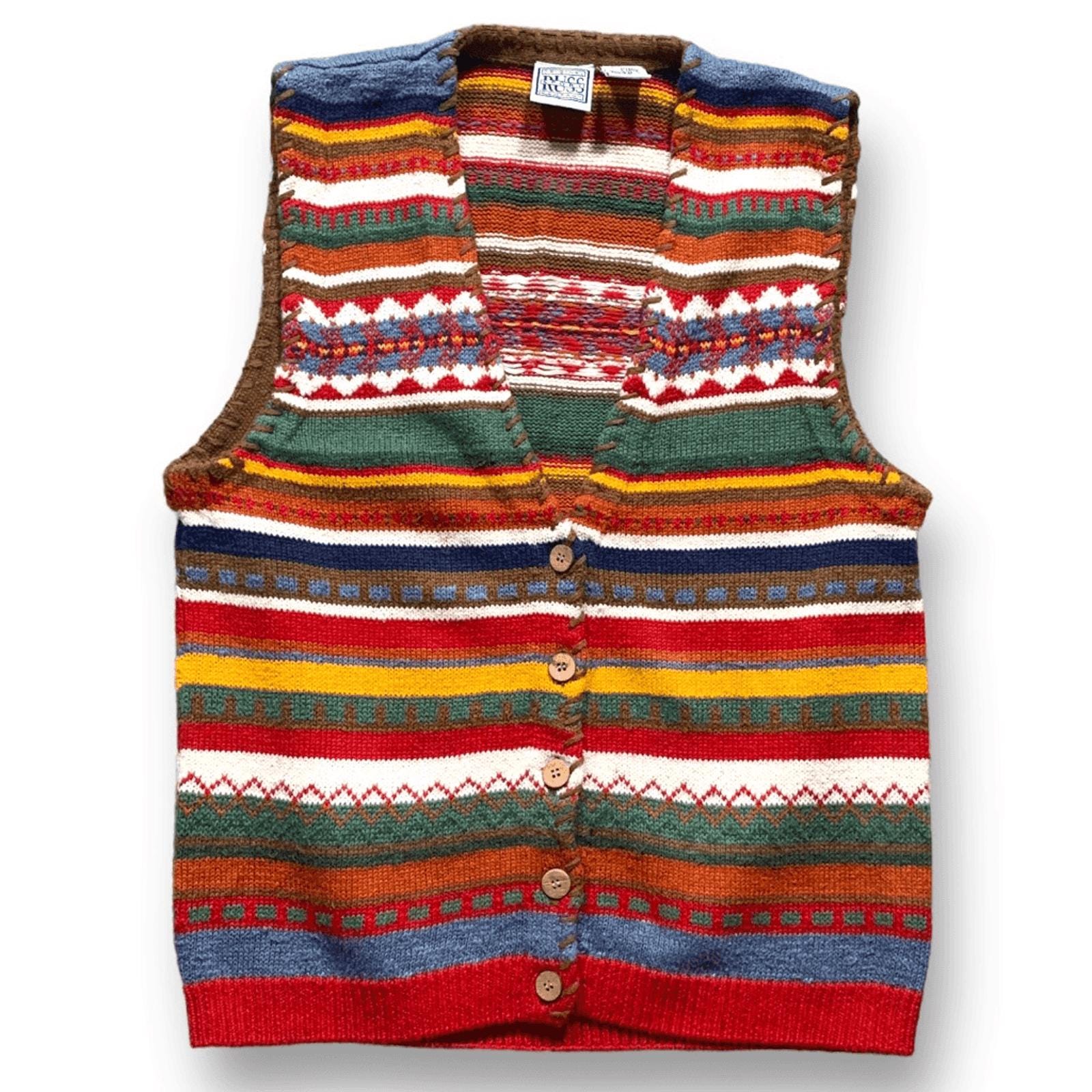 90s Knit Sweater Vest, Multicolor Striped Ramie Cotton, Size Small