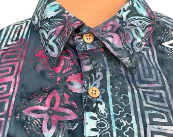 Y2K Island Republic-batikknoopsluiting aan de voorkant Hawaiiaans shirt XXL roze blauwe geometrische print Beach Vacation Resortwear